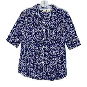 LL Bean‎ Nautical Button Shirt Women Small Anchors Sailor Yacht Preppy Coastal